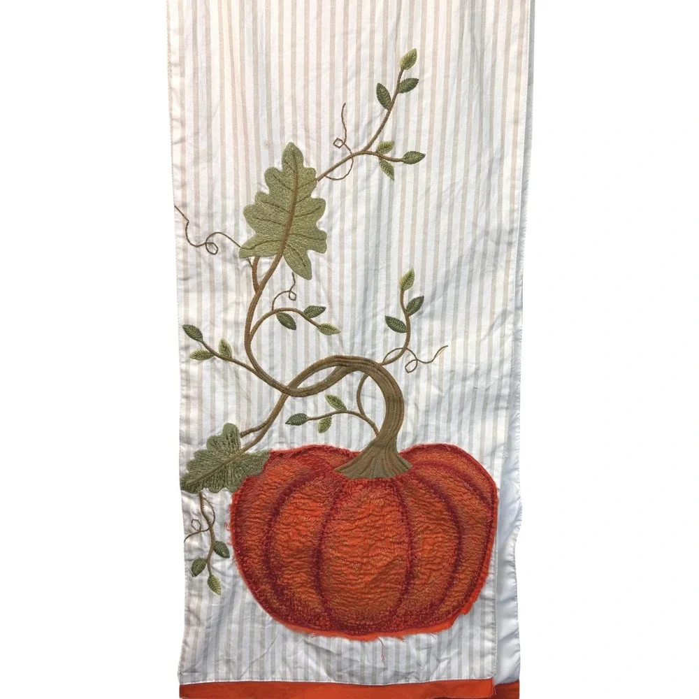Pier 1 Imports‎ Table Runner 66x13 Pumpkin Stripe Embroidered Fall Thanksgiving
